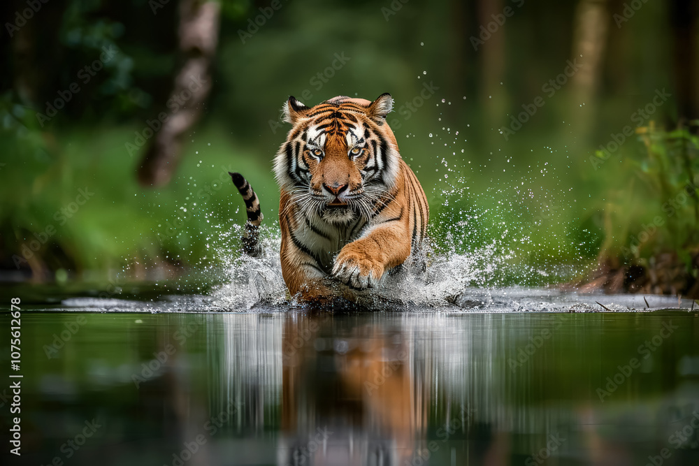 Poster tiger is running through a stream of water. the tiger is in the middle of the stream and is surround