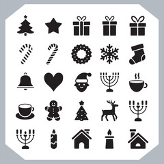 
Black Merry Christmas day icon silhouette, Christmas Bundle icon set. Christmas icons collection silhouettes in white background