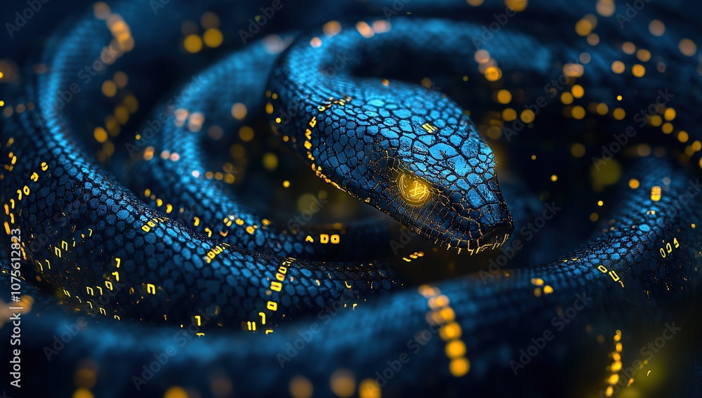 Fototapete a snake made of binary code, coiled around an array of numbers and digital symbols
