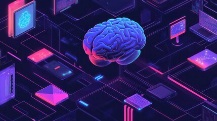 A conceptual image of AI technology with a digital brain interface connecting to various digital devices