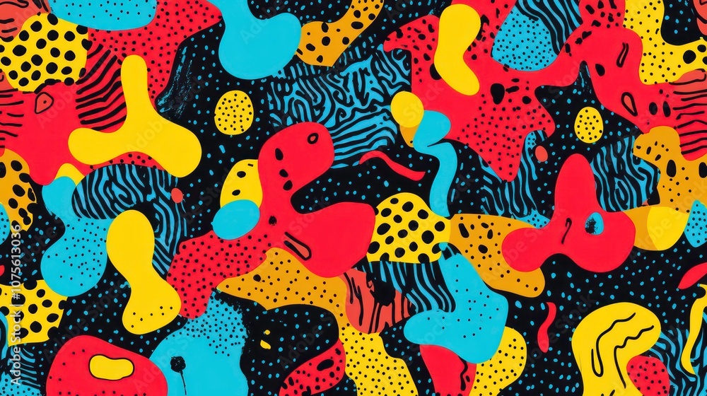 Poster a colorful seamless pattern featuring abstract shapes in bold and bright colors