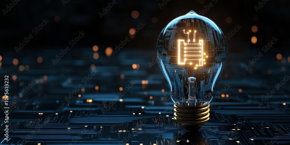 Poster a detailed highresolution image of a glowing light bulb with an intricate microcircuit design agains