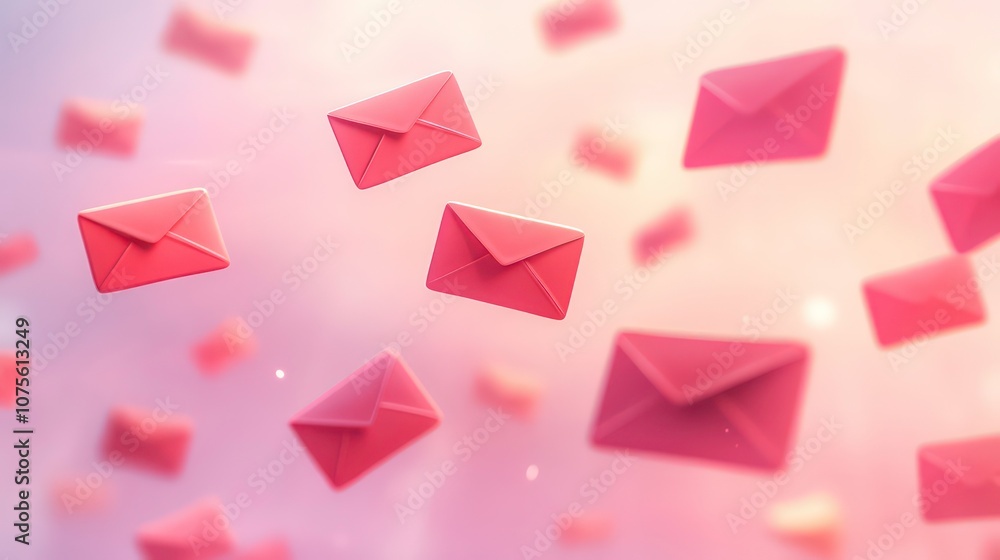 Fototapete A collection of red envelopes floating against a soft pink background, symbolizing communication and mail delivery.