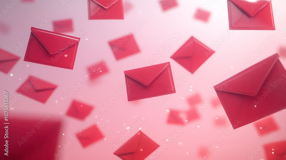 Poster a collection of red envelopes floating against a soft pink background, symbolizing communication and