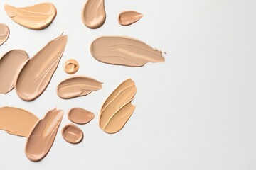 Samples of foundations on white background, top view