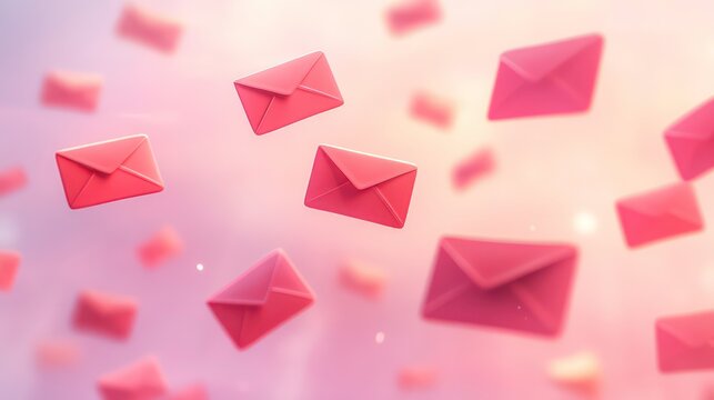 A collection of red envelopes floating against a soft pink background, symbolizing communication and mail delivery. - Powered by Adobe