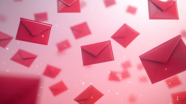 A collection of red envelopes floating against a soft pink background, symbolizing communication and mail delivery.