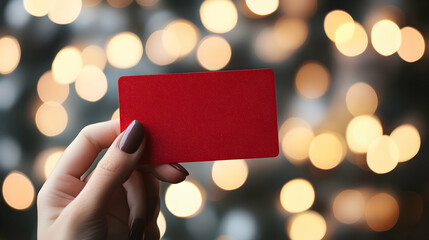 A beautifully wrapped red gift card held against a bokeh background of shimmering holiday lights