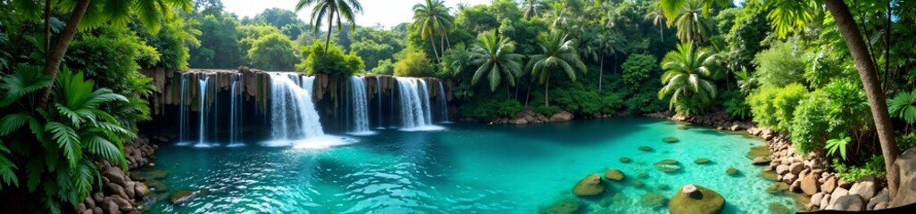 Fototapeta premium 360 degree photo, Tropical Waterfall and Lagoon, A 360-degree image