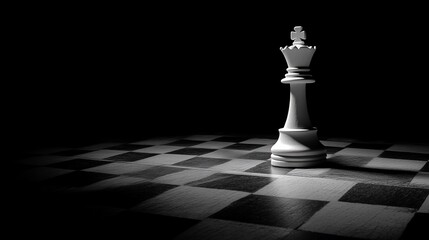 A white chess queen stands alone on a dark chessboard.
