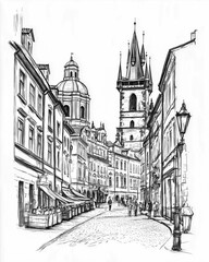 Obraz premium Prague Old Town, Czech Republic. Pedestrian street in the old european city with tower on the background. Historic city street. Pencil drawn, sketch