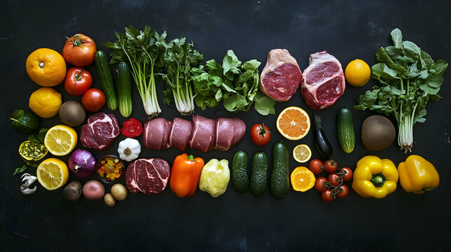 A colorful array of fresh vegetables, fruits, and meats arranged on a dark slate background, promoting healthy eating
