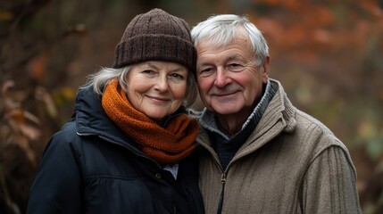Fototapeta premium Portrait of a smiling senior couple standing close together in a park with fall foliage in the background.