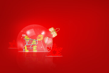 A Christmas card. Transparent Christmas ball on a red background. Sale