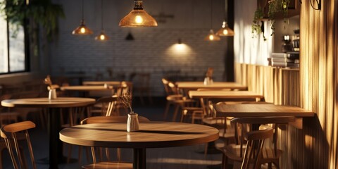 Cozy Cafe Interior with Warm Wooden Furniture and Lighting