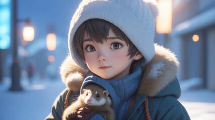 3d anime illustration of a boy and his pet ferret outdoors on a winter's day