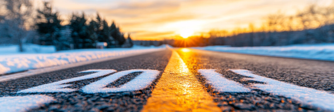 Snowy road with 2018 painted on the asphalt at sunrise. - Powered by Adobe