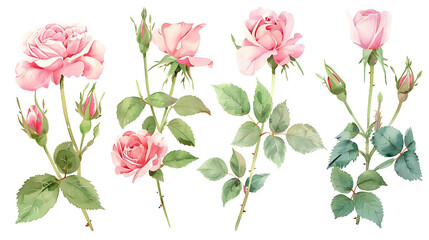 Pink Rose flower set of blooming plant hand drawn watercolor illustration on white background. Elements for romantic floral decoration, wedding bouquet or valentine greeting card
