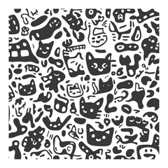 Abstract doodle pattern with cartoon cat faces and organic shapes