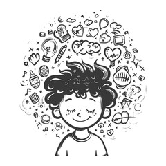 A Cartoon Boy Surrounded by Doodle Objects