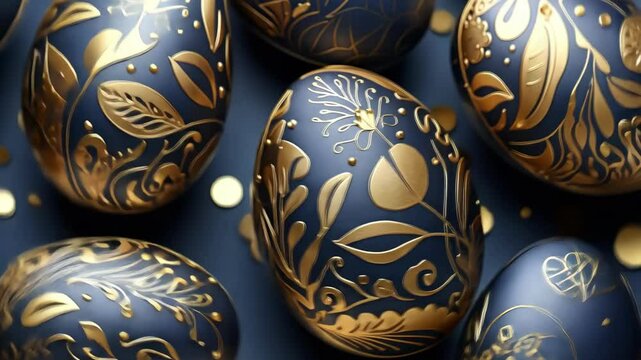 Dark blue Easter eggs with handmade gold pattern. Hand-painted eggs. Trend. concept of a happy Easter.