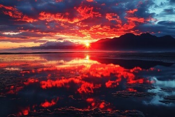 Fototapeta premium Fiery Sunset Reflected on Calm Water with Silhouetted Mountains