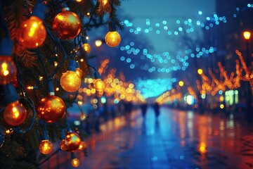 Festive Lights on a Christmas Tree with Blurry City Lights in the Background