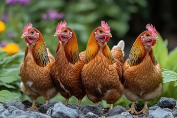 Four Brown Chickens Standing on Rocks in a Garden