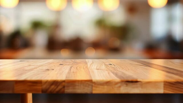 An empty wooden table against background of a blurred interior.