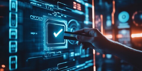 A user confirms their secure online payment via a userfriendly interface with a verification tick, enhancing digital banking security and improving the ecommerce experience for all