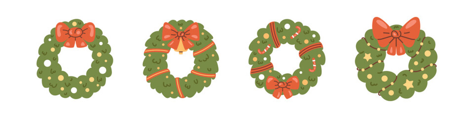 Vector set of Christmas wreaths collection featuring holly, pine twigs, and festive decorations. Illustration of wreaths for winter celebrations and holiday greetings. Christmas and New Year design.