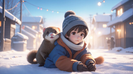 3d anime illustration of a boy and his pet ferret outdoors on a winter's day