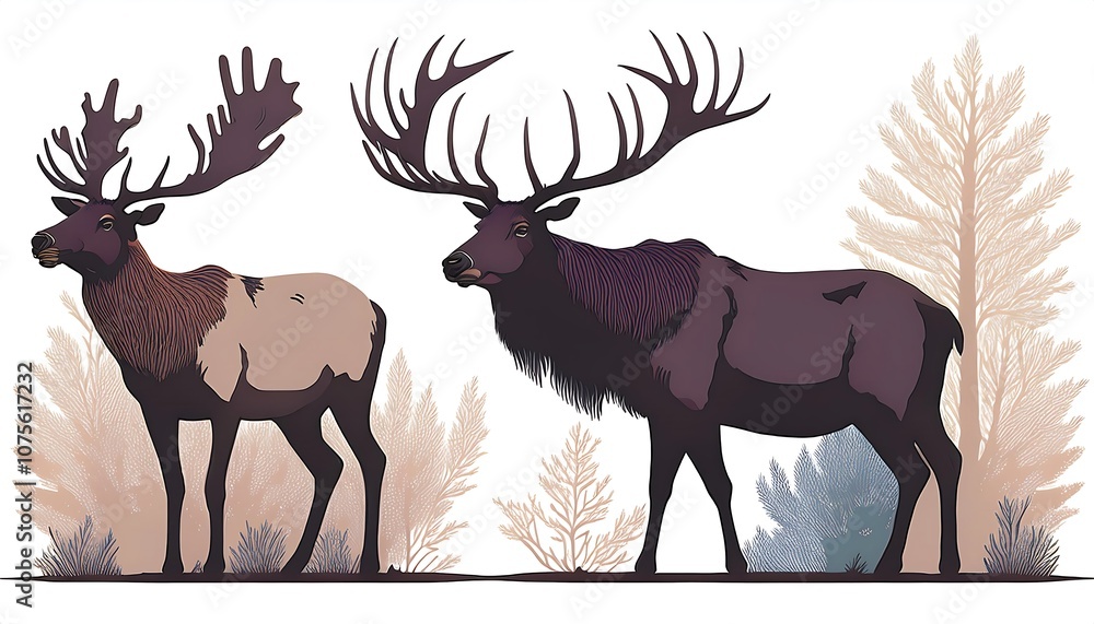 Poster  Vector set featuring elk and deer silhouettes in a muted color palette, isolated on a white_1(1821)