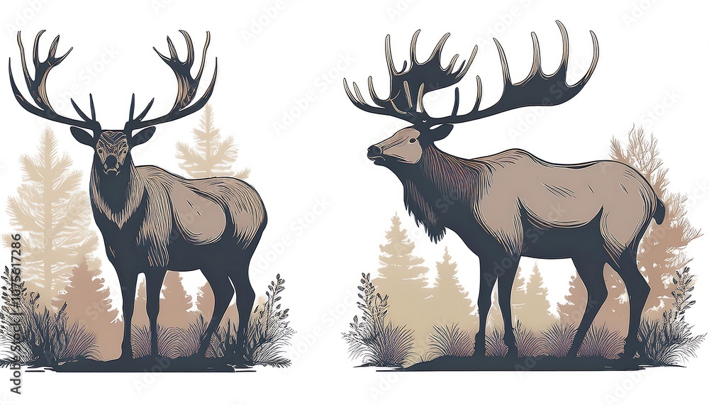 Poster vector set featuring elk and deer silhouettes in a muted color palette, isolated on a white_1(1822)
