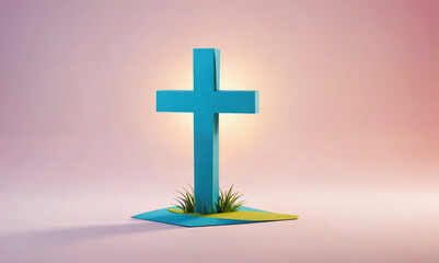 Obraz premium A blue cross stands tall against a pink and white background