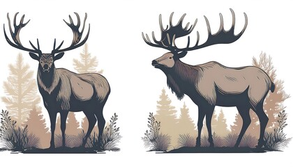  Vector set featuring elk and deer silhouettes in a muted color palette, isolated on a white_1(1822)