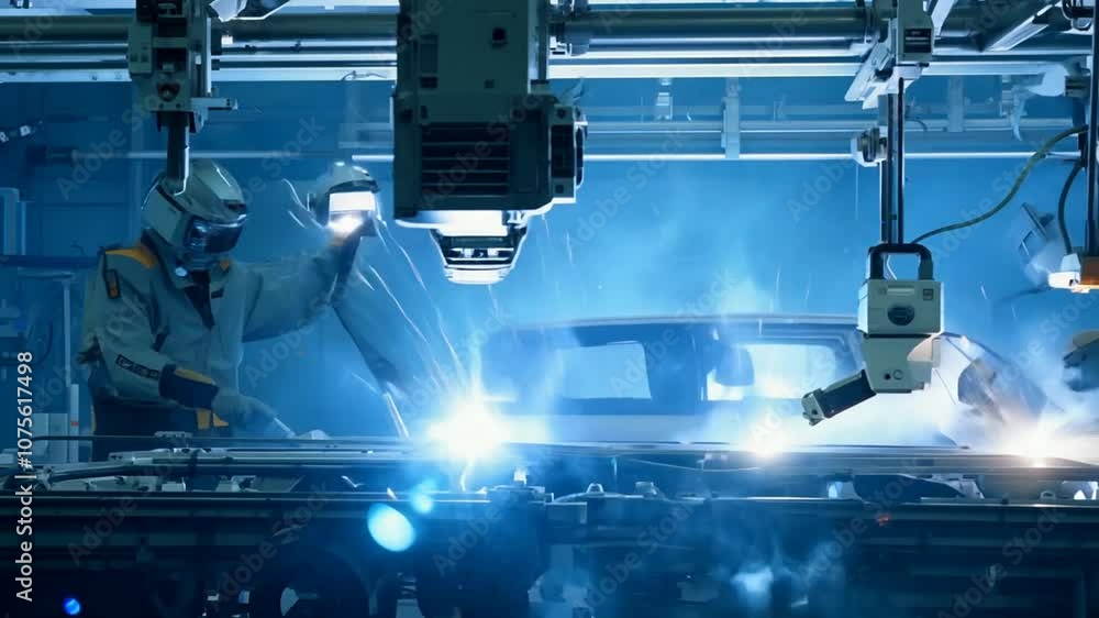 Poster robots collaboratively assembling a car body in an automated factory generative ai