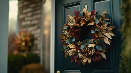 autumn wreath on dark blue front door