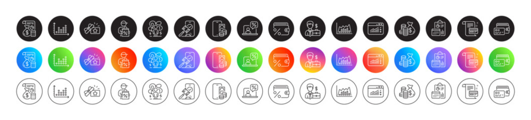 Delivery discount, Report and Dot plot line icons. Round icon gradient buttons. Pack of Infographic graph, Coins bag, Businessman case icon. Vector