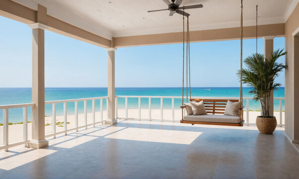 A white porch with a swinging bench overlooks a pristine beach and turquoise ocean