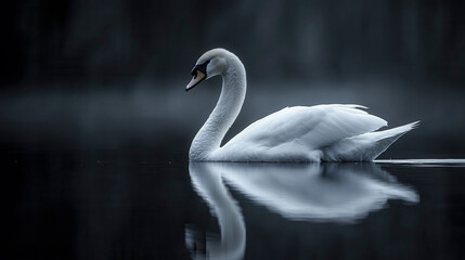 A graceful swan gliding across a tranquil lake at dawn, reflecting serenity and elegance in the still waters