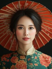 Vietnamese woman posing with traditional clothing and umbrella
