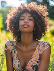 Young black woman posing in a field of flowers with sunlight on her face