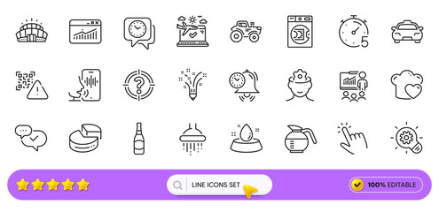 Taxi, Qr code and Pie chart line icons for web app. Pack of Presentation, Arena stadium, Beer bottle pictogram icons. Brain working, Timer, Airplane travel signs. Coffeepot, Voicemail. Vector