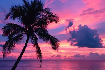 Obraz premium Palm Tree Pink. Tropical Sunset with Neon Pink and Purple Skies