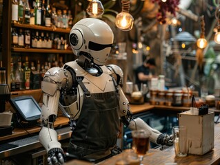 Fototapeta premium A humanoid robot, dressed as a bartender, serves drinks in a stylish bar, symbolizing the integration of robotics in nightlife settings