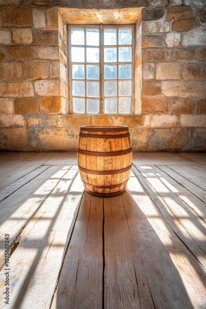 Poster a wooden barrel stands illuminated in a sunlit room with stone walls and a grid-patterned window cas