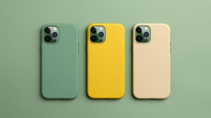 smartphones backside: teal, lime yellow and dark green cases