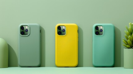 smartphones backside: teal, lime yellow and dark green cases