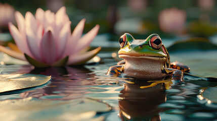 Frog resting on lily pad near blooming lotus flower in a serene pond setting